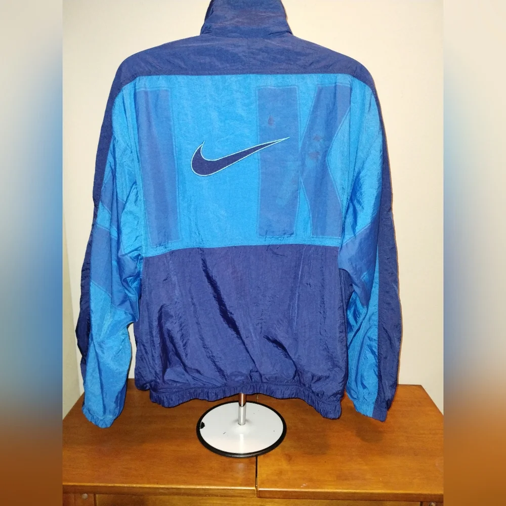 Vintage 90s Navy & Baby Blue Nike Zip-Up Spell-Out Jacket Windbreaker XL. - Picture 1 of 6